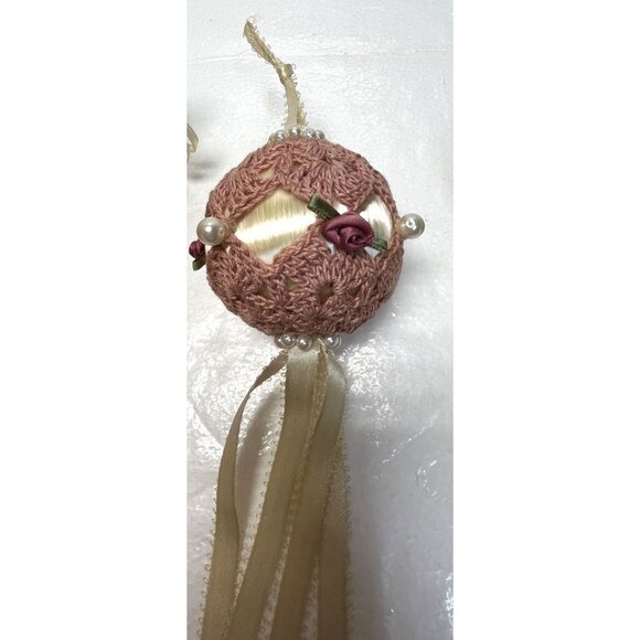 Set Of 4 Handmade Crochet Push Pin Ornaments With Ribbon Tassels  Beaded Accents - Picture 4 of 7